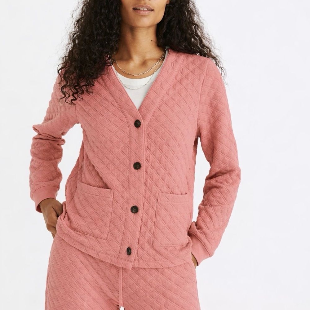 Madewell (Re)sourced Quilted Crop Cardigan Sweatshirt Faded Mauve Size L - Picture 2 of 10